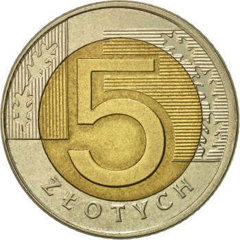 Rewers aktualnie obowiązującej w Rzeczpospolitej Polskiej, monety 5-złotowej obiegowej
